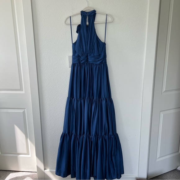 Mac Duggal Ruffle Tiered Soft Tie Halter Neck Gown in Sapphire Blue - Picture 6 of 12